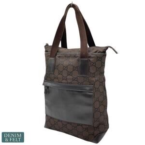 Gucci GG Monogram Brown Nylon Tote Bag Leather Trim Top Handle Authentic
